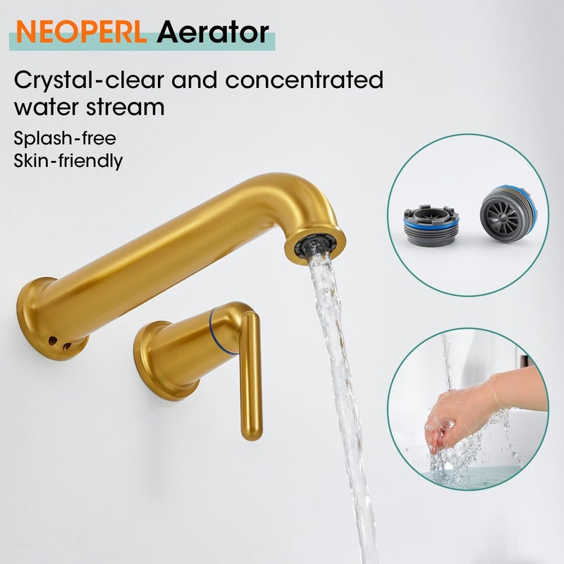 Wintap Wall Mount Tub Filler Long Spout Reach Faucet with Rough-in Valve High Flow 2-Handle Brass Roman Bath Faucet Set Brushed Gold (WT-9806BG) - Image 4